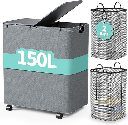 Yecaye 150L Laundry Hamper with Wheels, Rolling Laundry Basket with Lid and 2 Removable Laundry Bag, Large Capacity 2 Section Clothes Hampers for Laundry Room, Bedroom, Bathroom, Dorm, Grey-NeatNest