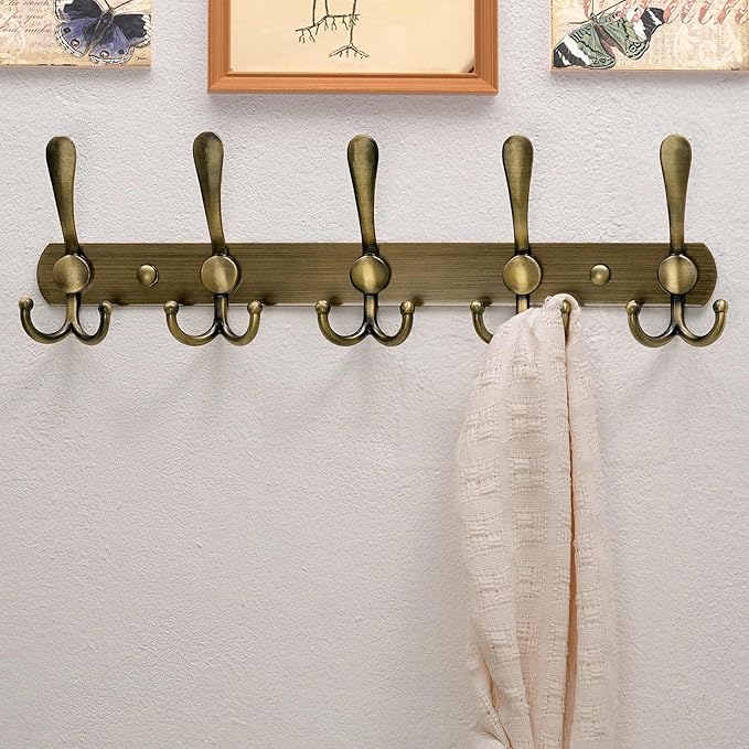 Dseap Coat Rack Wall Mounted - 5 Tri Hooks, Heavy Duty, Stainless Steel, Metal Coat Hook Rail for Coat Hat Towel Purse Robes Mudroom Bathroom Entryway,Bronze-NeatNest