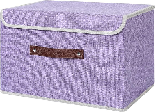ANMINY Storage Bin with Lid Storage Boxes with PU Leather Handles PP Plastic Board Decorative Foldable Lidded Cotton Linen Fabric Home Cubes Baskets Closet Organizer Container - Purple, Large Size-NeatNest