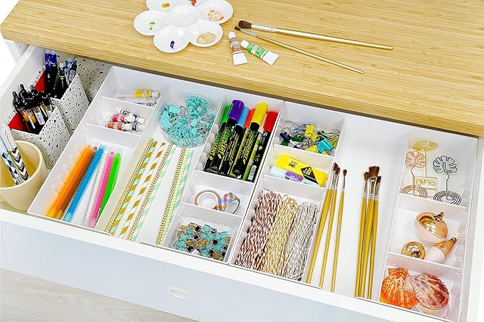 CAXXA 3 Slot Drawer Organizer with 4 Adjustable Dividers - Junk Drawer Storage for Makeup & Vanity, Office Desk Supplies and Accessories (WHITE, 1 PACK)-NeatNest