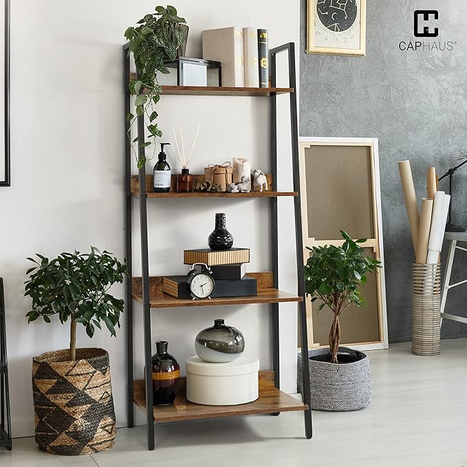 CAPHAUS 4 Tier Ladder Bookshelf, 24 Inch Width Free Standing Shelf, Bookcase Shelf Storage Rack Organizer, Industrial Book Shelves for Home Office, Living Room, Kitchen, Rustic Oak, Vintage Shelves-NeatNest