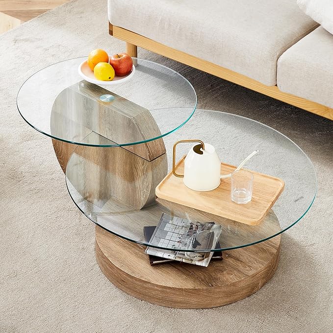 Glass Coffee Tables Round Coffee Tables for Living Room Modern 3 Tier Round Table Circle Coffee Table for Small Space Home Office (42 Inch Light Wood)