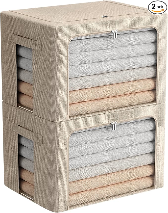 Extra Large Clothes Storage Bins Foldable Metal Frame Storage Box Stackable Linen Fabric Box Organizer Set with Carrying Handles and Clear Window (Beige, 23.6x 16.5x 15.7 Inch)-NeatNest