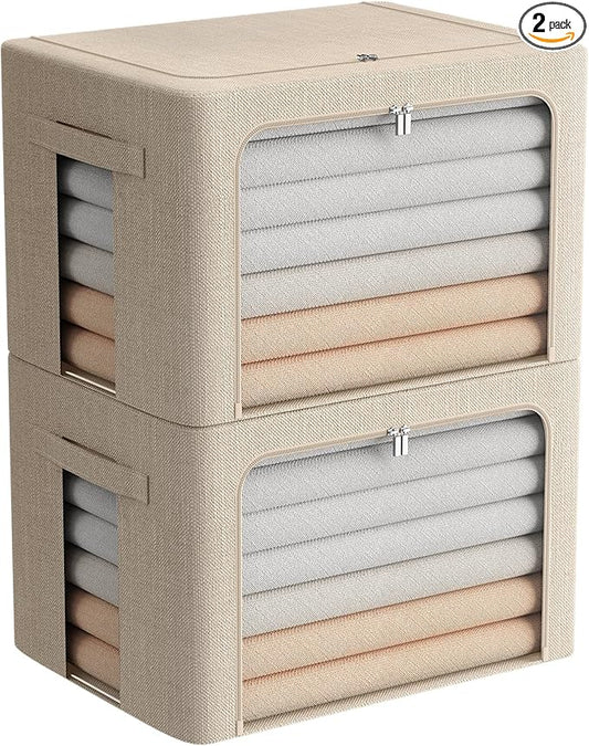 Extra Large Clothes Storage Bins Foldable Metal Frame Storage Box Stackable Linen Fabric Box Organizer Set with Carrying Handles and Clear Window (Beige, 23.6x 16.5x 15.7 Inch)-NeatNest