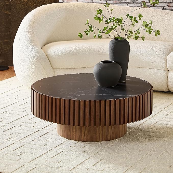 Coffee Table Stone Round 35.43'' for Living Room Modern Coffee Tables Wood Circle Drum Tea Fluted Solid Wooden Veneer Sintered Tabletop Handcraft Home Furniture for Apartment Easy Assembly Walnut-NeatNest