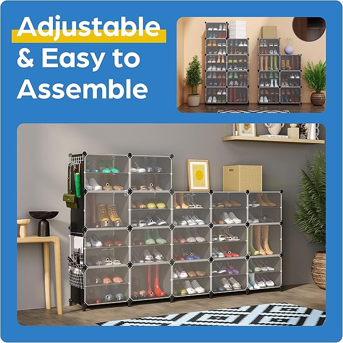 Shoe Organizer Cabinet Up to 72 Pairs, Shoe Closet-Covered Shoe Rack with See-Through Door (Clear, Plastic, Stackable) Cubby Portable Shoe Organizer with Covers, Hooks & Pockets, Black-NeatNest