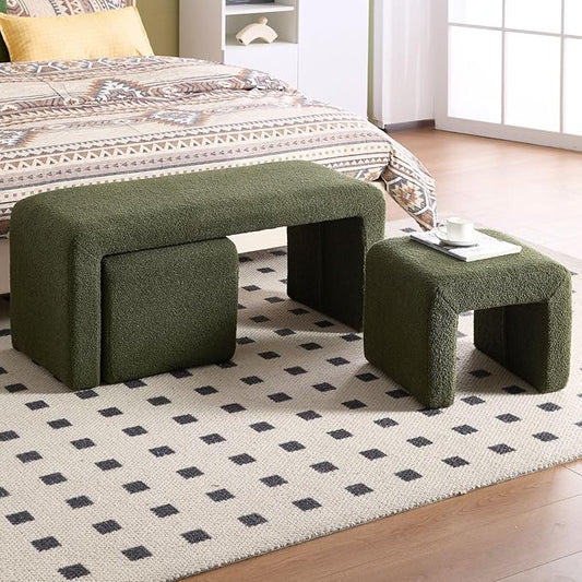 LukeAlon 3-Piece Nesting Ottoman Bench Set, 40.5" Wide Upholstered End of Bed Bench with 2 Small Stools Sherpa Comfy Entry Bench Vanity Stools Modern Arched Bench for Living Room Bedroom, Green