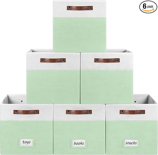 6-Pack Collapsible Fabric Storage Cubes with Handles & Label Holders, Closet Cube Home Organizer Bins (White/Sage Green, 13 x 13 x 13 inch)