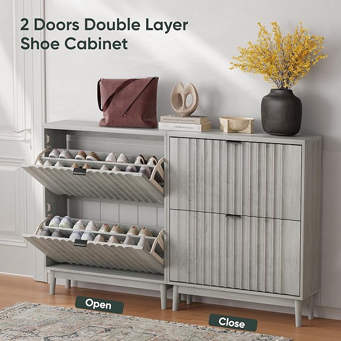 Fluted Shoe Cabinet for Entryway with 2 Flip Drawers, Narrow Wood Shoe Storage Cabinet, Freestanding Hidden Shoe Organizer for Foyer, Hallway, Grey