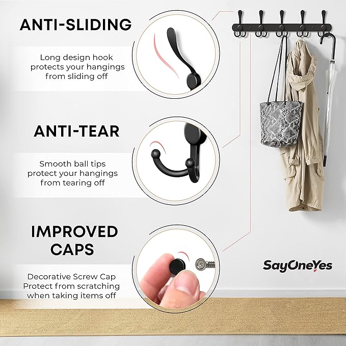 Coat Rack Wall Mount with 5 Tri Hooks, Stainless Steel 16 Inch – Black Matte Finish, Heavy Duty Wall Mounted Hook Rack for Coats, Hats, Towels, Scarfs, Robes, Bags, Entryway & Bathroom-NeatNest