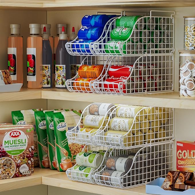 Can Storage Organizer Pantry, Stackable Kitchen Canned Food Holder With Handles, Can Organizer For Pantry Countertop Cabinet, Beverage Drink Pop Soda Can Dispenser Patent Pending (White, 4 Pack)-NeatNest