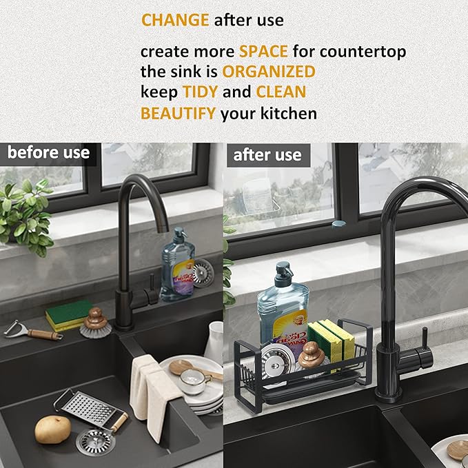 Kitchen Sponge Holder for Sink, Kitchen Sink Caddy Organizer, Sink Tray Drainer Rack, Dish Rags Brush Soap Storage Countertop with Removable Front Drain Pan - Black