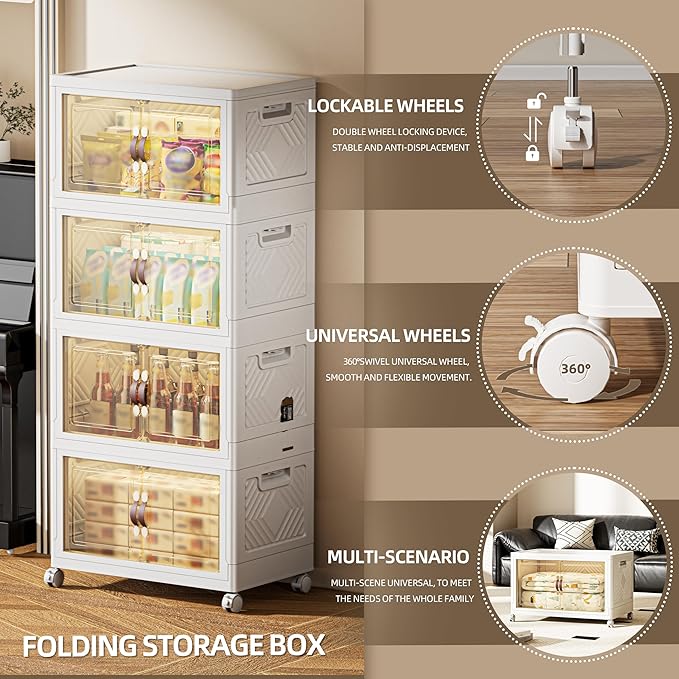340 QT / 85 Gal Magnetic Door Storage Bins Collapsible Stackable w/1 Lid, Heavy Duty Plastic Cabinet with Wheels for Home Office Organization (White)-NeatNest