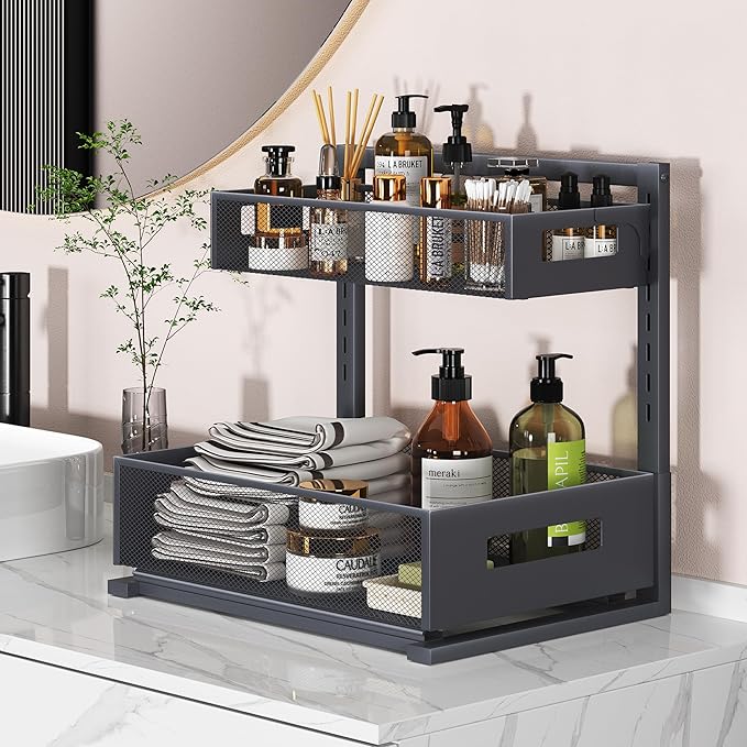 Under Sink Organizer Pull Out Cabinet Organizer Adjustable Height 2 Tier with Sliding Drawers Kitchen Bathroom Organizer and Storage(Gray-1pc)-NeatNest