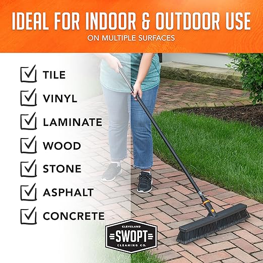 SWOPT 24” Push Broom, Angle Broom + 48” and 60" Steel Handles, Standard Combo — Cleaning Heads with Long Handles Interchangeable with All SWOPT Cleaning Products — Indoor/Outdoor, Black