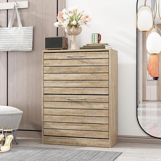 Shoe Cabinet with 2 Flip Drawers, Shoe Storage Organizer with 2-Tier Shelf for Entryway, Freestanding Shoe Rack Storage Organizer, Light Brown-NeatNest