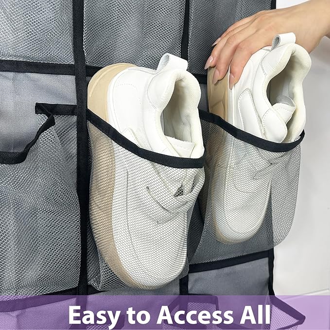 35 Large Pockets Over the Door Shoe Organizer, Extra Sturdy Oxford Fabric Hanging Shoe Rack for Door Closet, Wall Mesh Shoe Storage Holder for Mens Women Shoes (Grey)-NeatNest