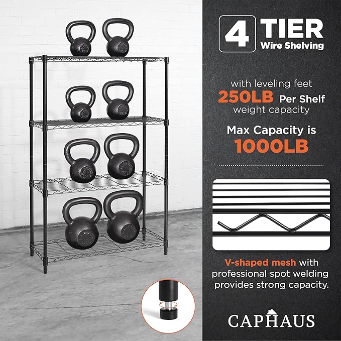 CAPHAUS 4-Tier Adjustable Height Wire Shelving Unit, Wire Rack Shelving, Metal Steel Storage Shelves, Garage Shelving Storage Organizer, Utility Storage Shelf, Without Wheels, Black-NeatNest