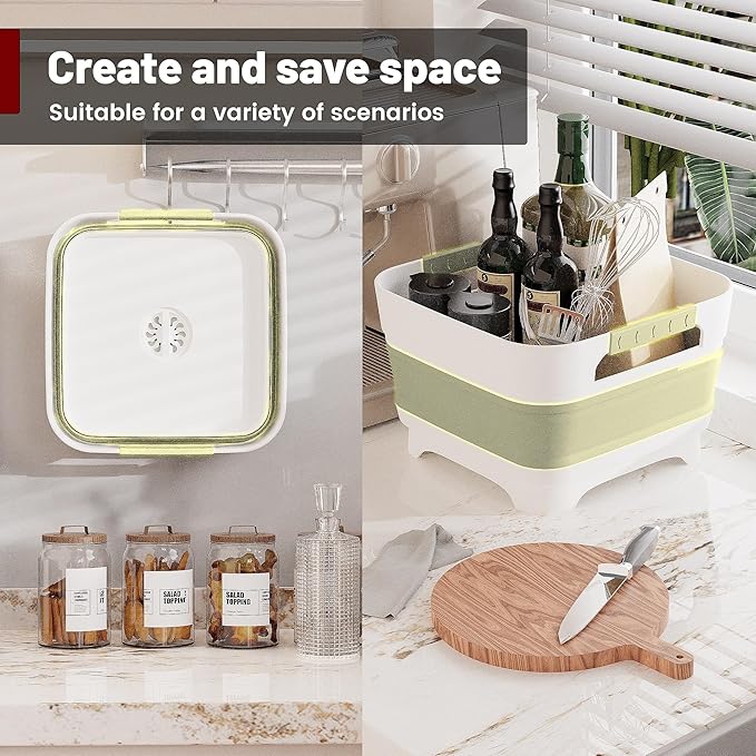 2.4 Gal Collapsbile Wash Basin with Drian Plug,9L Dish Pan for Soaking Baby Bottles,Portable Sink, Multiuse Foldable Bucket,Ice Beverage Tubs for Camping, Vegetable Washing, RV (Green)-NeatNest