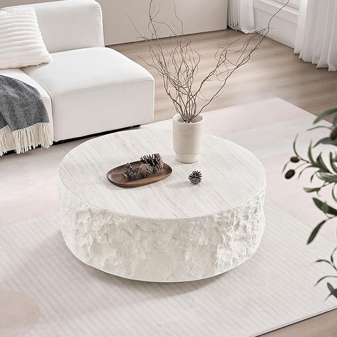 kevinplus ø35.43'' Round Coffee Table for Living Room, Modern Drum Circle Coffee Table, Fiberglass Material, No Assembly, Beige