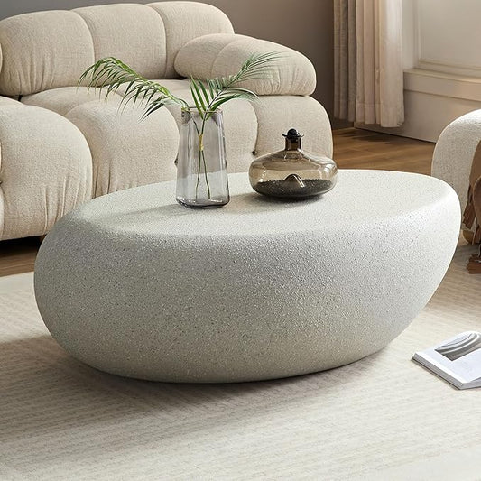 kevinplus 43.31 Modern Oval Coffee Table for Living Room, Contemporary Rustic Style Curved Coffee Table, Fiberglass Material & Grainy Stone Paint, No Assembly, Beige