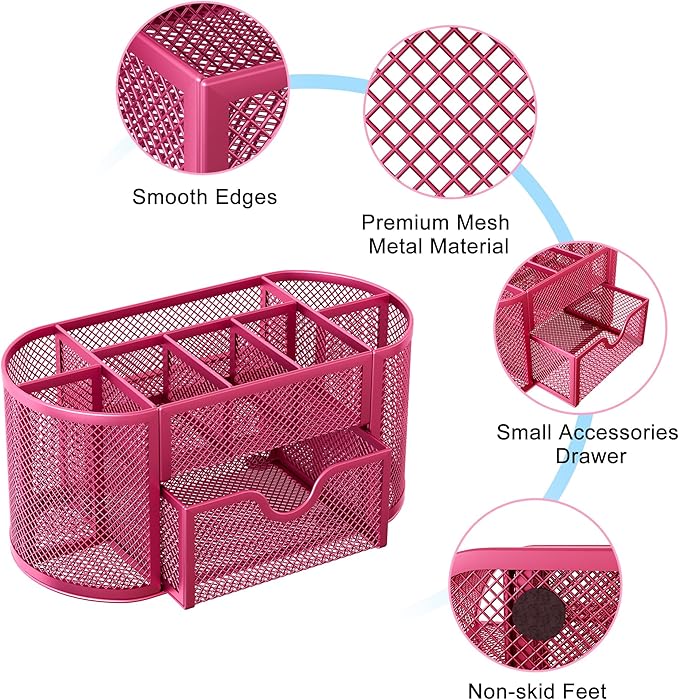 EasyPAG Mesh Desk Organizer, Multi-functional Stationery Organizer for School Supplies, Office Pen Holder for Desk, 9 Compartments Dorm Organization with Drawer, Pink