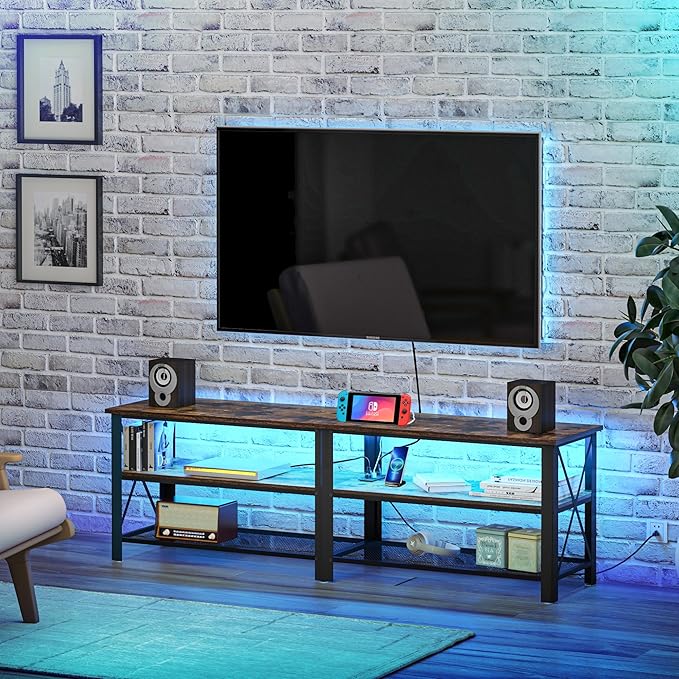 Clikuutory Modern Brown 63 inch Metal TV Stand with LED Lights and Power Outlets for 40 50 55 60 65 70 Inch TVs, 3 Tier Television Stands with Entertainment Center and Storage for Living Room, Bedroom-NeatNest