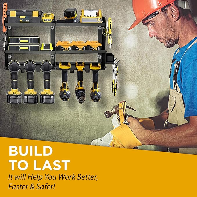 GRG Tools Heavy-Duty Power Tool Organizer – Wall Mounted Drill Rack for 6 Cordless Drills, Garage & Workshop Tool Storage Shelf with Screws & Bolts Side Box, 300LBS Load Capacity, Sturdy Metal Design