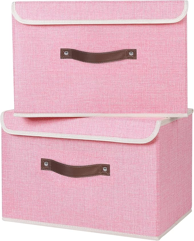 ANMINY 4PCS Storage Bins with Lid PU Leather Handles Storage Boxes PP Plastic Board Decorative Foldable Lidded Cotton Linen Fabric Home Cubes Baskets Closet Organizer Containers - Pink, Large Size-NeatNest