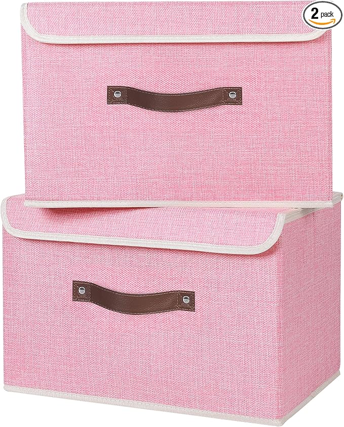 ANMINY 2PCS Storage Bins with Lid PU Leather Handles Storage Boxes PP Plastic Board Decorative Foldable Lidded Cotton Linen Fabric Home Cubes Baskets Closet Organizer Containers - Pink, Large Size-NeatNest