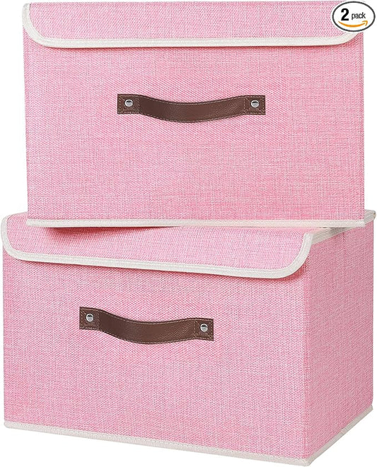 ANMINY 2PCS Storage Bins with Lid PU Leather Handles Storage Boxes PP Plastic Board Decorative Foldable Lidded Cotton Linen Fabric Home Cubes Baskets Closet Organizer Containers - Pink, Large Size-NeatNest