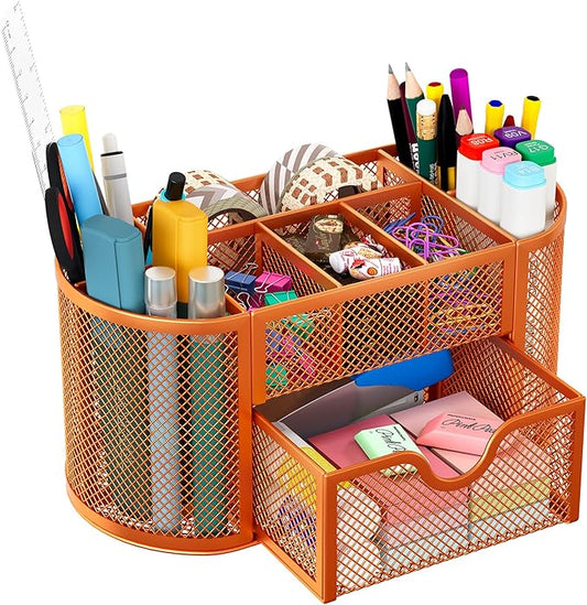 EasyPAG Mesh Desk Organizer, Multi-functional Stationery Organizer for School Supplies, Office Pen Holder for Desk, 9 Compartments Dorm Organization with Drawer, Orange
