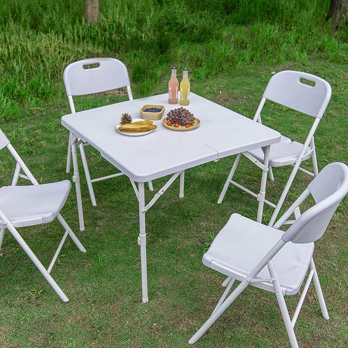 Allpop 34'' Square Folding Card Table, Fold-in-Half Portable Plastic Dining Table with Carry Handle & 2 Heights for Picnic Party Commercial Events, White-NeatNest