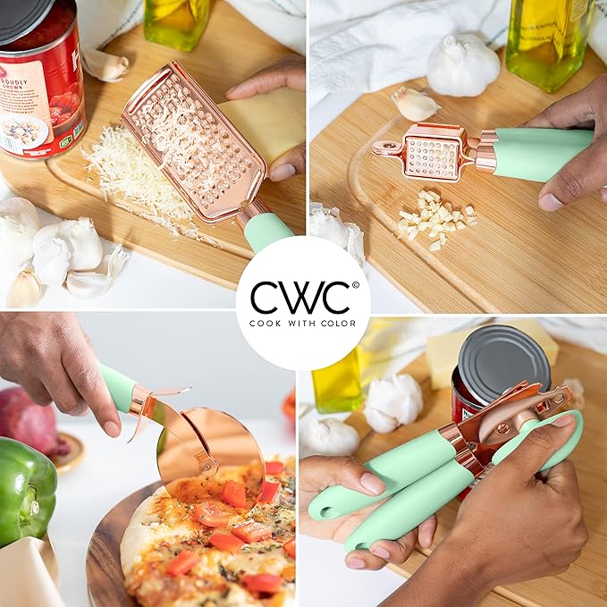 COOK WITH COLOR Kitchen Gadget Set Copper Plated Stainless Steel Utensils with Soft Touch Handles, Copper Mint, 7 Pieces-NeatNest