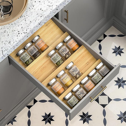 AMBIRD Bamboo Spice Drawer Organizer with Non-slip Mat, 4 Tier Jar Spice Rack Tray 13'',Seasoning Organizer for Kitchen,Cabinet,Drawers,Countertop-NeatNest