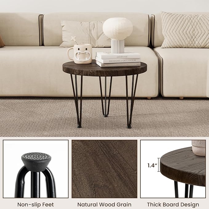 Fun Memories Round Coffee Table - Elm Wood Nesting Table with Metal Legs & Non Slip Feet Base - Rustic Nesting End Tables for Living Room Bedroom - 20" D x 20" W x 16" H - Walnut Color