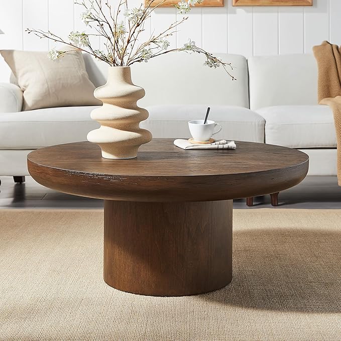 kevinplus 35.98'' Round Coffee Table Circle Wood Coffee Table for Living Room, Modern Retro Style Pedestal Style, Easy Assembly, Dark Brown (ø35.98'' x 15.98'')