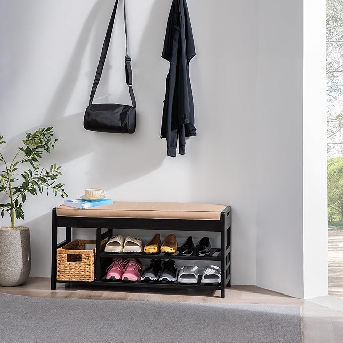 Wooden Shoe Rack with Bench Seat - Black Acacia Wood Entryway Organizer with Cushioned Top & Easy-Move Handles - Multi-Level Shoe Shelf (39.4 x 11.6X 19.29)-NeatNest
