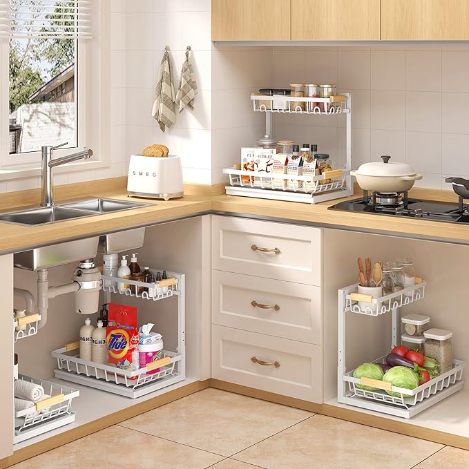 2 Packs Under Sink Organizer, High Adjustable 2 Tier Under Kitchen sink organizer, Multi-Purpose Storage Shelf for Kitchen Bathroom Cabinet, Black (White)-NeatNest