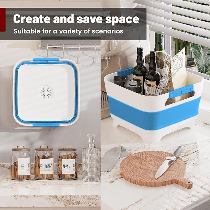2.4 Gal Collapsbile Wash Basin with Drian Plug,9L Dish Pan for Soaking Baby Bottles,Portable Sink, Multiuse Foldable Bucket,Ice Beverage Tubs for Camping, Vegetable Washing, RV (Blue)-NeatNest