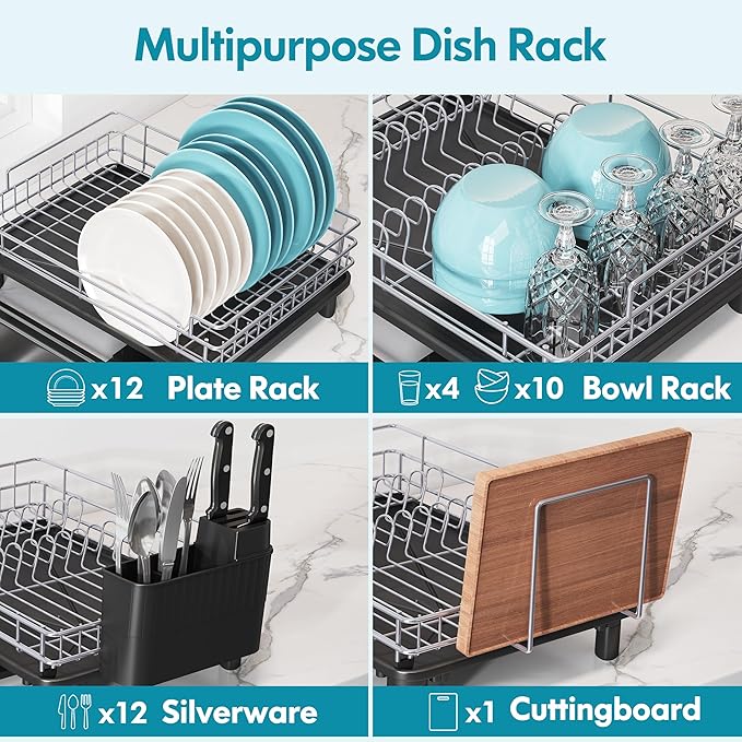 BOOSINY Dish Drying Rack for Kitchen Counter, Stainless Steel Dish Drainers with Drainboard Set, Space Saving, Compact Metal Plates Strainers Rack with Cup Holder, Utensil Holder-NeatNest