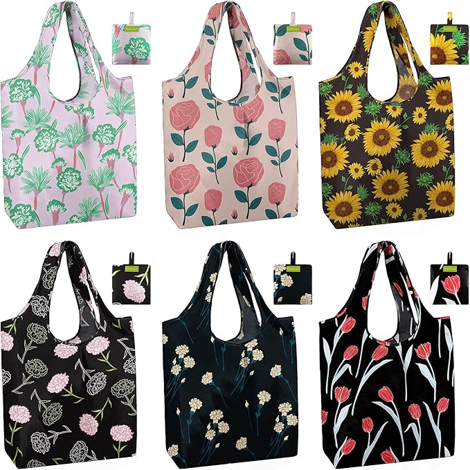 BeeGreen Reusable Grocery Bags 6 Pack, Heavy Duty Totes for Women, Foldable Grocery Bag Large Shopping Totes with Handles for Work, Travel, Gift, Store, Polyester Washable Reusable Tote Bag-NeatNest