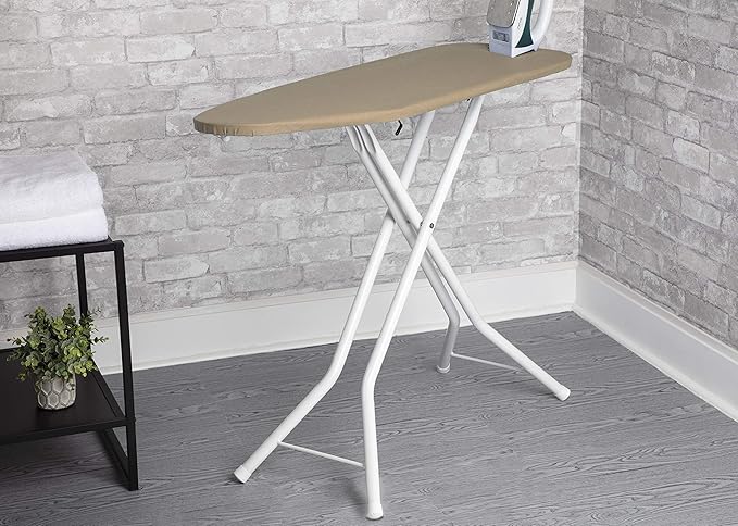 40" Foldable Ironing Board – Compact, Space-Saving Stand w/Adjustable Height – Sturdy Ironing Table w/Collapsible Y-Legs & Cover for Clothes - (Khaki Cover/White Legs)