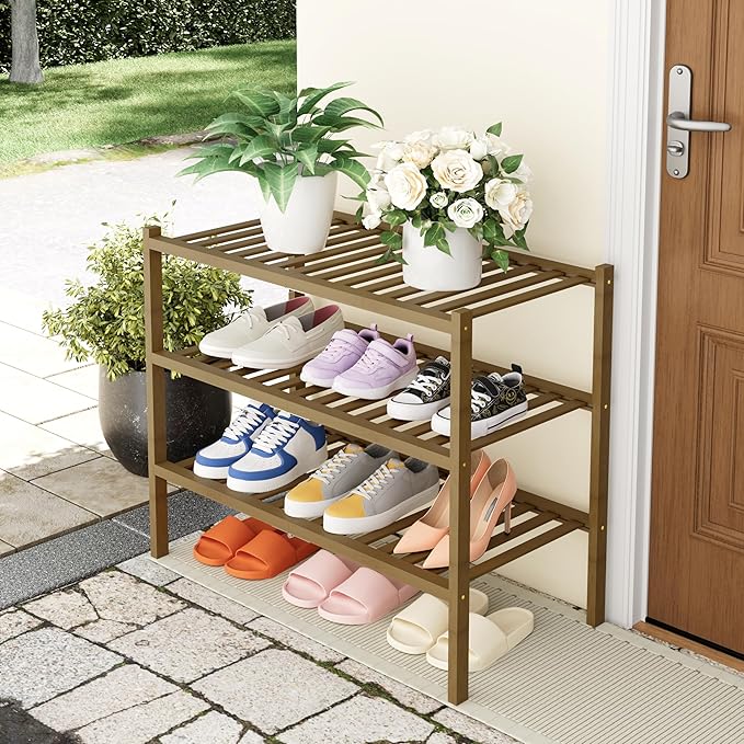 Smiry Shoe Rack, 3 Tier Thick Bamboo Shoe Organizer, Stackable Free Standing Wooden Shoe Storage Shelf for Closet, Entryway, Front Door Entrance, Walnut-NeatNest