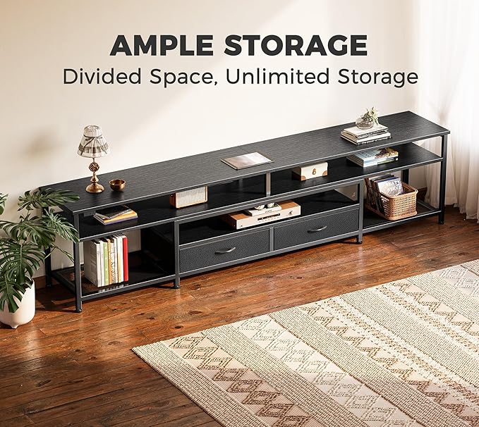 Huuger 79 Inch TV Stand for 85, 90 Inch TV, Entertainment Center with LED Lights and Power Outlets, TV Console with Drawers, Shelves, Type C, PU Leather Surface, for Living Room, Black-NeatNest