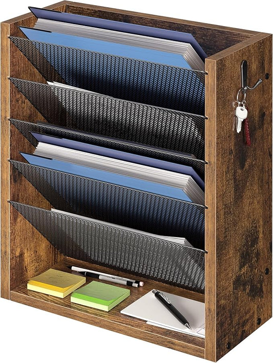 Hanging Wall File Organizer, 6 Tier Wood Wall File Holder with 2 Hooks, Mail Organizer Wall Mounted with Bottom Flat Tray, Vertical Paper Desk Storage for Office, Home, Rustic Brown