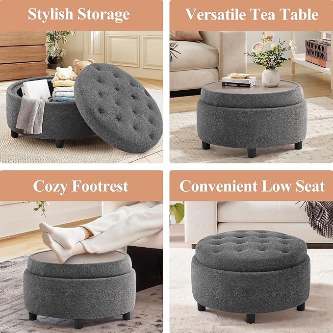 COLAMY Fabric Round Storage Ottoman with Reversible Tray Lid – Multi-Functional Footrest, Hidden Storage, Sturdy & Stylish Small Coffee Table for Living Room, Bedroom, or Entryway(Dark Grey)-NeatNest