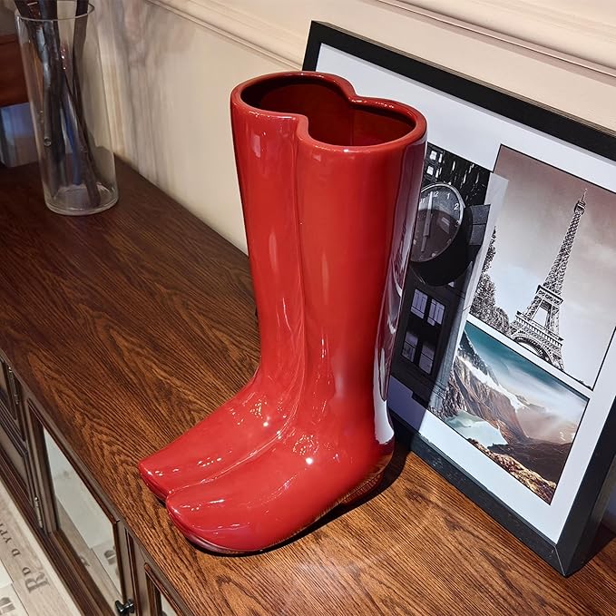 Ceramic Boot Umbrella Stand Boots Vase Freestanding Umbrella Bucket Ceramic Umbrella Rack Home Decor Piece for Home Decor, Office, Apartment, Hotel, Bars, Red-NeatNest