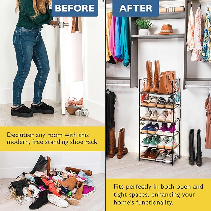 Sundaze Shoe Rack - 6 Tier Tall Shoe Rack for Closet, Sturdy Stackable Shoe Organizer for Closet, Bedroom, Entryway, Garage, Non Woven Fabric Shelf, Black, Holds 12-18 Pairs-NeatNest