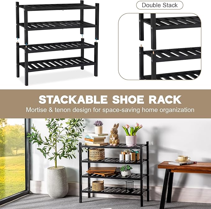 Black Acacia Wood 2-Tier Folding Shoe Rack – Space-Saving Wooden Shoe Organizer Shelf for Entryway, Hallway, Mudroom, or Closet – Compact Indoor Storage for Footwear & More-NeatNest
